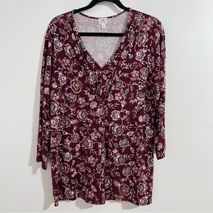 Dressbarn Burgundy Red Floral Blouse Size XL Bohemian 3/4 Sleeve Tunic Top